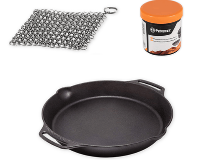 Paketangebot Petromax Skillet mit Griffen 15 cm + Edelstahl Scrub + Wartungswachs