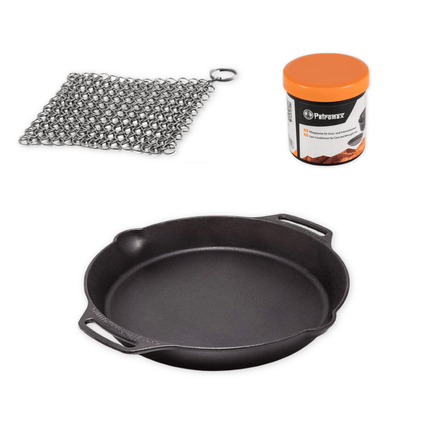Paketangebot Petromax Skillet mit Griffen 15 cm + Edelstahl Scrub + Wartungswachs